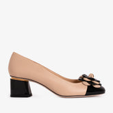 The Diva Beige Leather Cap Toe Block Heel Pump Shoe