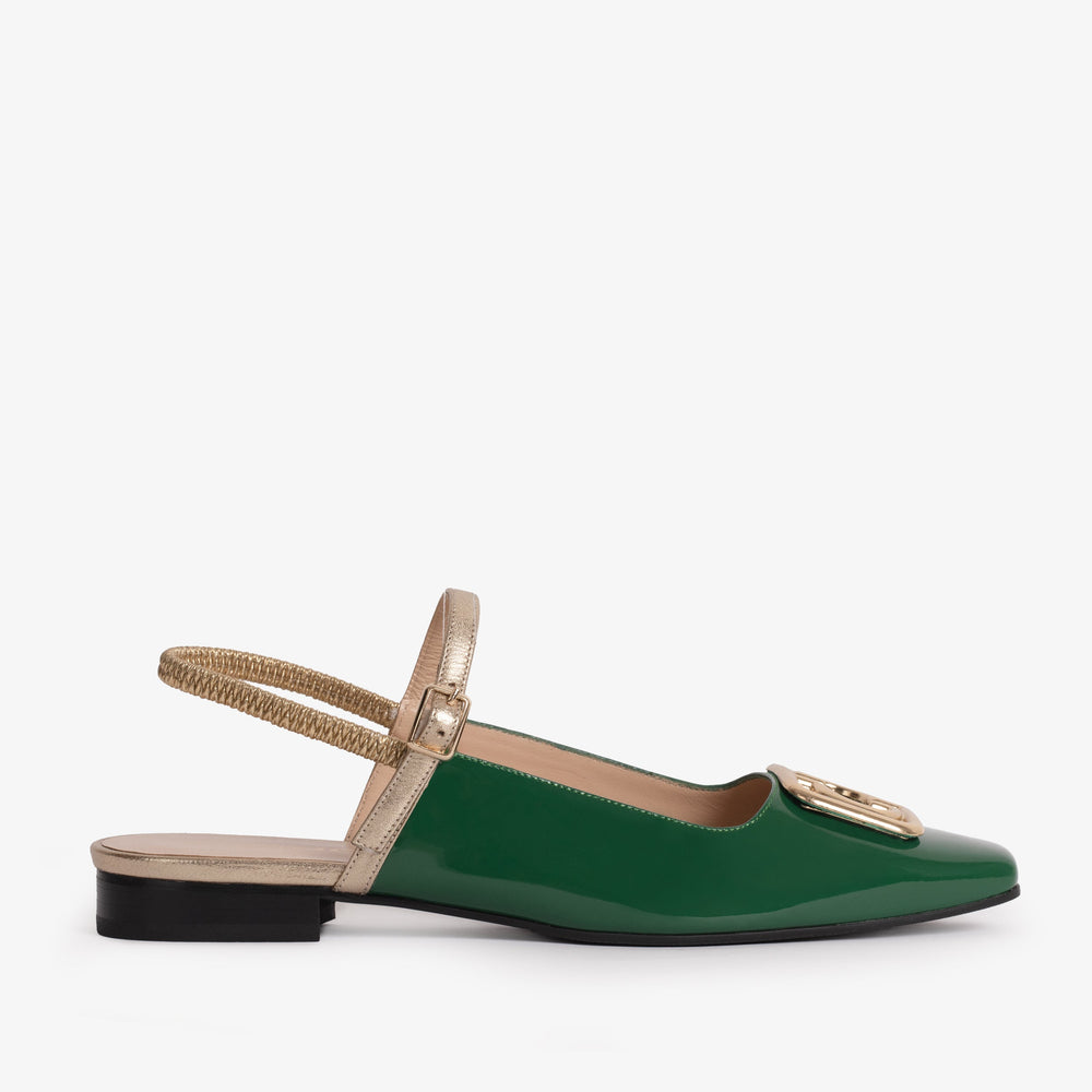 The Rosalinda Green Patent Leather Flat Slingback Sandal