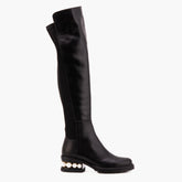 The Valeria Pearl Heel Knee-High Black Leather Boot
