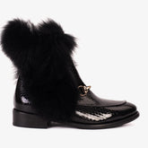 The Izmir Black Patent Leather Natural Fur Mid Calf Boot