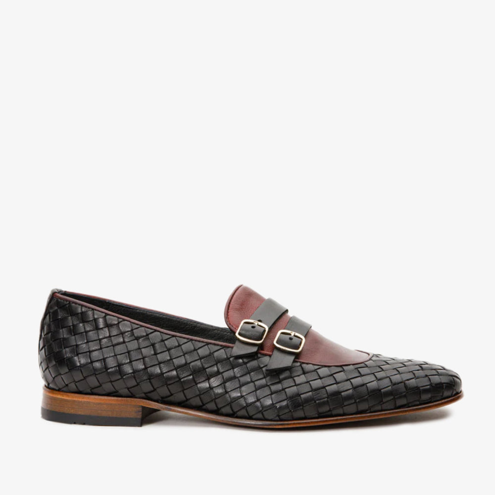 The Vatra Black Burgundy Woven Double Monk Strap Shoe
