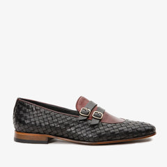 The Vatra Black Burgundy Woven Double Monk Strap Shoe