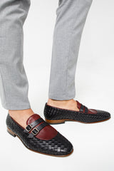 The Vatra Black Burgundy Woven Double Monk Strap Shoe