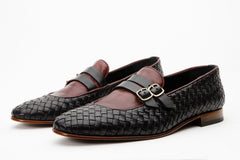 The Vatra Black Burgundy Woven Double Monk Strap Shoe