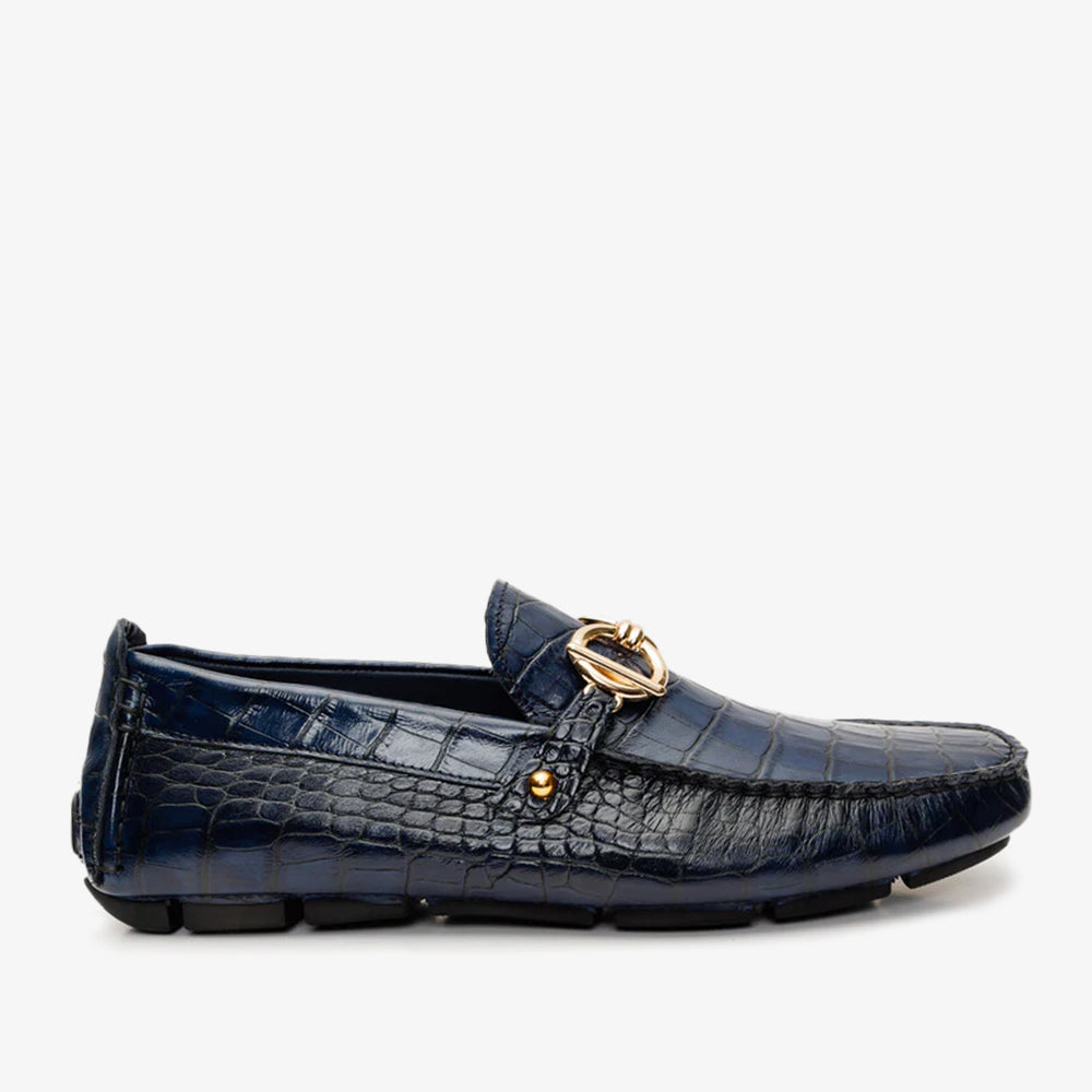 The Pisa Navy Blue Leather Bit Drive Loafer Shoe