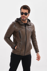 The Veneto Khaki Leather Hooded Jacket