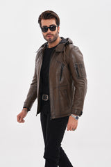 The Veneto Khaki Leather Hooded Jacket