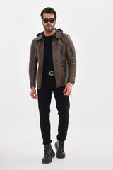The Veneto Khaki Leather Hooded Jacket