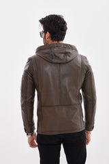The Veneto Khaki Leather Hooded Jacket