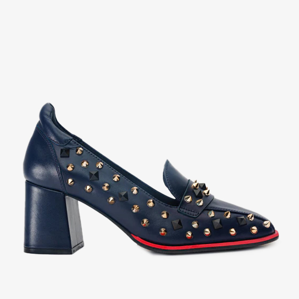 The Infanta Navy Blue Spike Leather Block Heel Pump Shoe