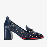 The Infanta Navy Blue Spike Leather Block Heel Pump Shoe
