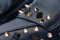 The Infanta Navy Blue Spike Leather Block Heel Pump Shoe