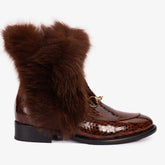 The Izmir Brown Patent Leather Natural Fur Mid Calf Boot
