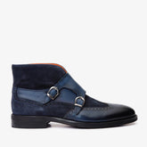 The Albus Navy Blue Leather Suede Double Strap Monk Brogue Boot