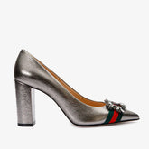 The Afega Silver Leather Block Heel Pump Shoe