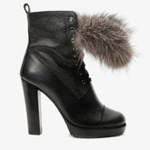 The Melo Black Leather Natural Fur Mid Calf Platform Heel Boot