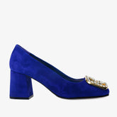 The California Sax Blue Suede Leather Block Heel Pump Shoe