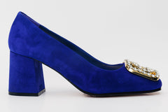 The California Sax Blue Suede Leather Block Heel Pump Shoe
