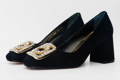 The California Black Suede Leather Block Heel Pump Shoe