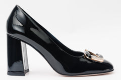 The Ferrara Black Patent Leather Block Heel Pump Shoe
