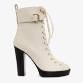 The Estrada Cream Leather Lace-Up Platform Heel Mid Calf Boot