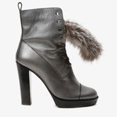 The Melo Gray Leather Natural Fur Mid Calf Platform Heel Boot