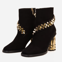 The Metal Black Suede Leather Block Heel Boot