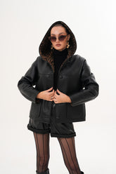 The Arlena Black \u0026amp; Leopard Shearling Leather Jacket