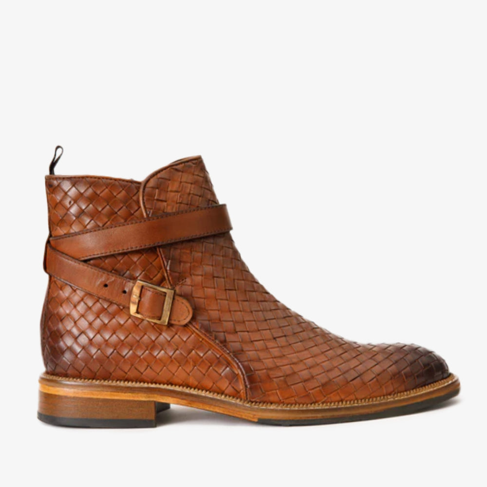 The Morral Tan Handwoven Leather Cross Strap Buckle Zip-Up Boot