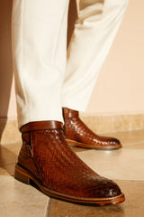 The Morral Tan Handwoven Leather Cross Strap Buckle Zip-Up Boot