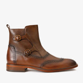 The Rand Brown Leather Double Buckle Brogue Boot with a Zipper