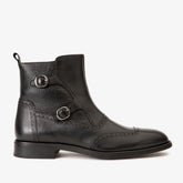 The Rand Black Leather Double Buckle Brogue Boot with a Zipper