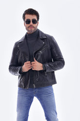 The Volt Textured Navy Blue Leather Jacket