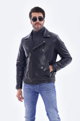 The Volt Textured Navy Blue Leather Jacket