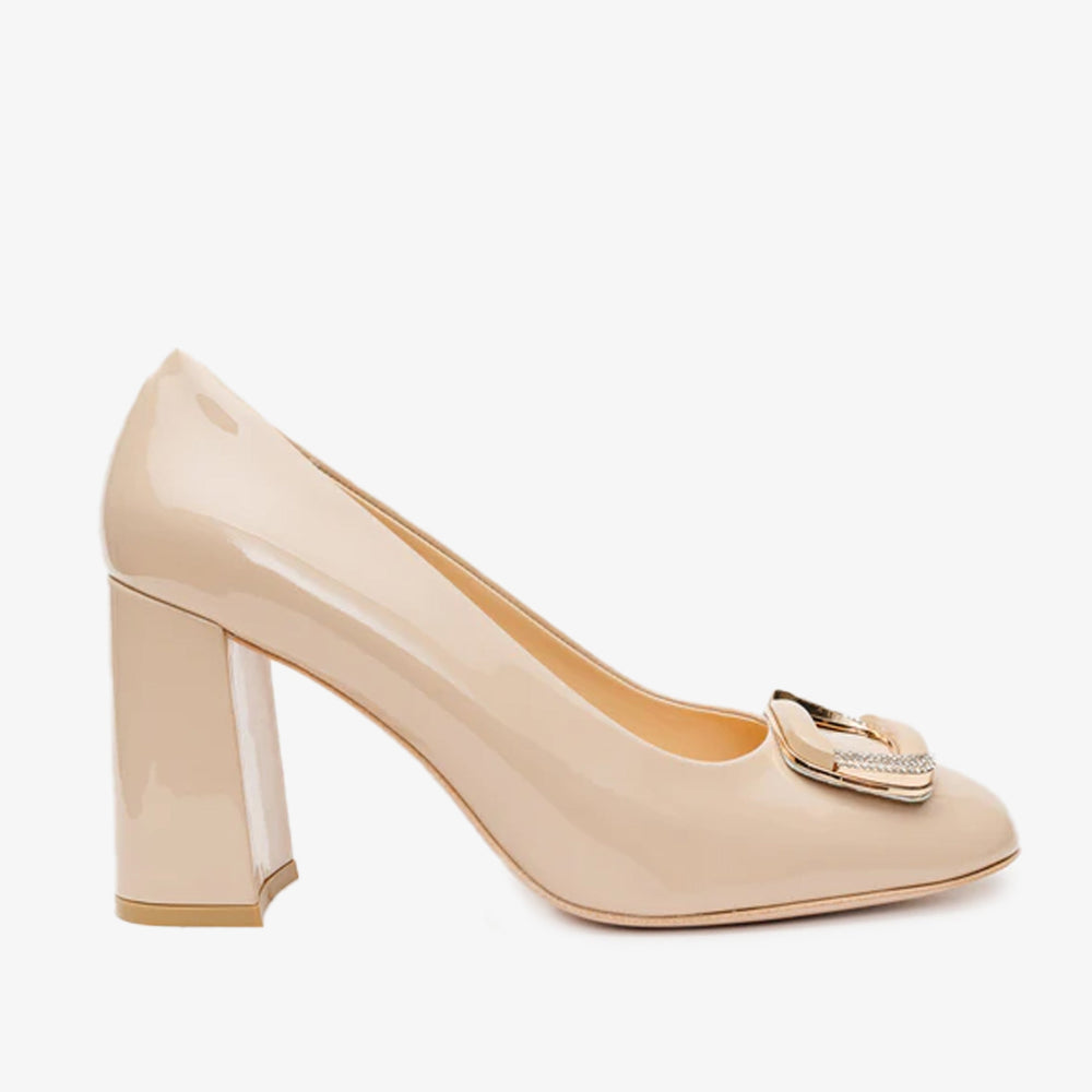 The Ferrara Cream Patent Leather Block Heel Pump Shoe