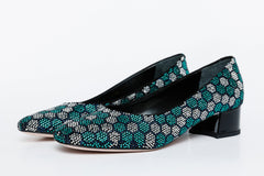The Doha Turqoise Glitter Leather Block Pump Shoe