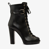The Estrada Black Leather Lace-Up Platform Heel Mid Calf Boot