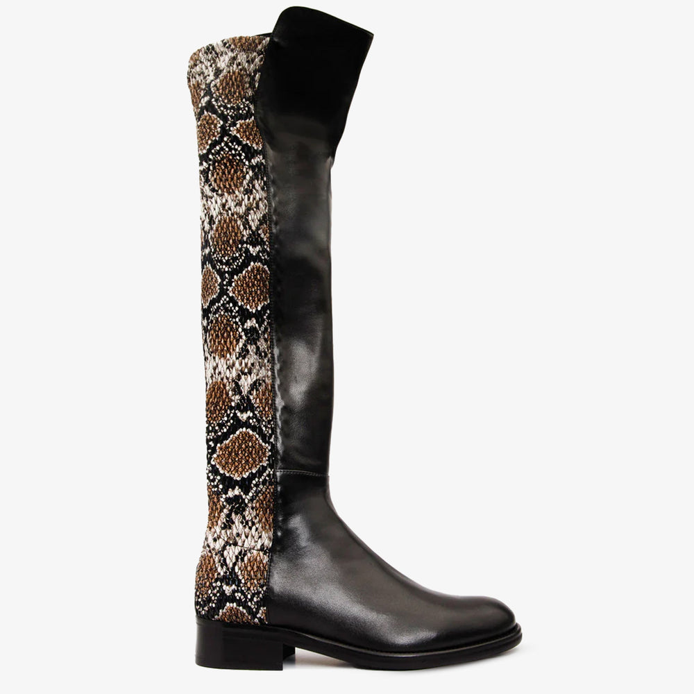The Moengo Black Leather Leopard Knee High Boot