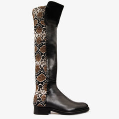 The Moengo Black Leather Leopard Knee High Boot
