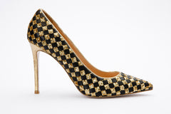 The Saks Tory Gold Black Handwoven Leather Pump Shoe