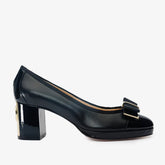 The Fano Black Leather Cap Toe Block Heel Pump Shoe