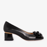 The Diva Black Leather Cap Toe Block Heel Pump Shoe