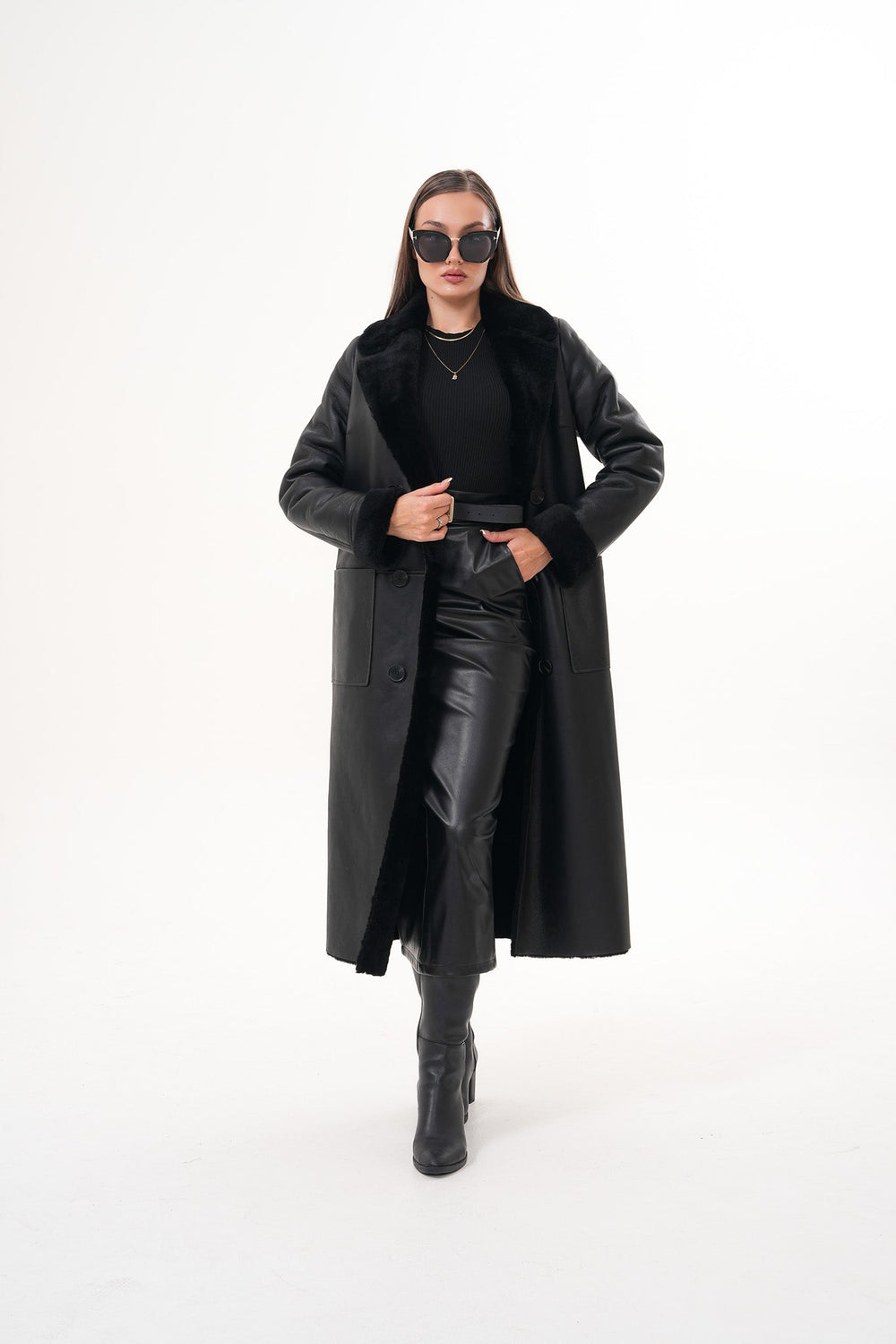 The Raven Long Shearling Black Leather Leather Jacket