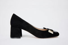 The Olney Black Suede Leather Block Heel Pump Shoe