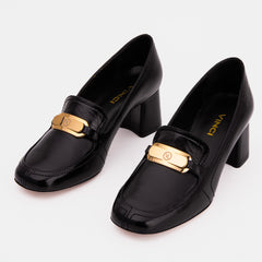 The Victoria Black Leather Block Heel Pump Shoe