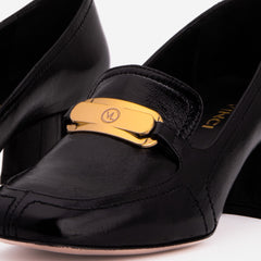 The Victoria Black Leather Block Heel Pump Shoe