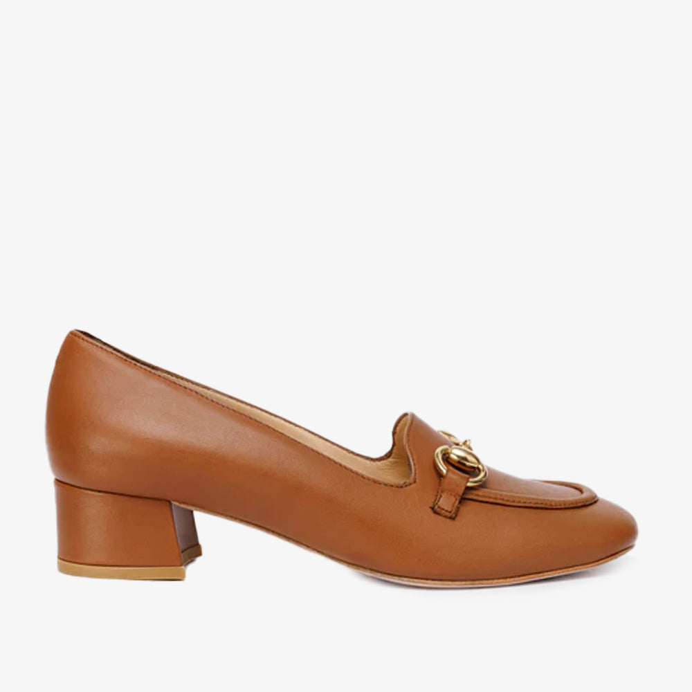 The Delhi Brown Leather Block Heel Pump Shoe