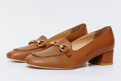 The Delhi Brown Leather Block Heel Pump Shoe