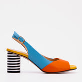 The Spectrum Blue \/ Orange Block Heel Leather Sandal