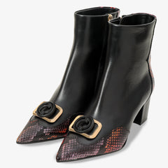 Gray Black Fuchsia Leather Block Heel Boot